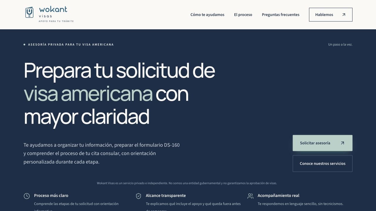 Página de inicio de WokantVisas con su propuesta de valor y accesos a servicios y contacto.